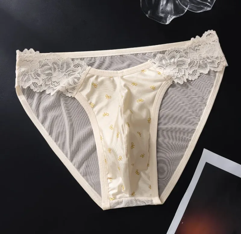 Men's Satin French Lace Briefs Exotic Male Mesh Transparent Lingerie 3D U Convex Panties Breathable Ice Silk Seemless Underwear — image 10