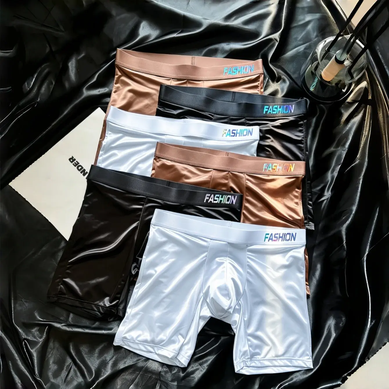Men's Glossy Satin Long Leg Boxer Briefs Gradient Fashion Waistband Ultra Smooth Soft High Elastic Low Rise Male Underwear — image 1