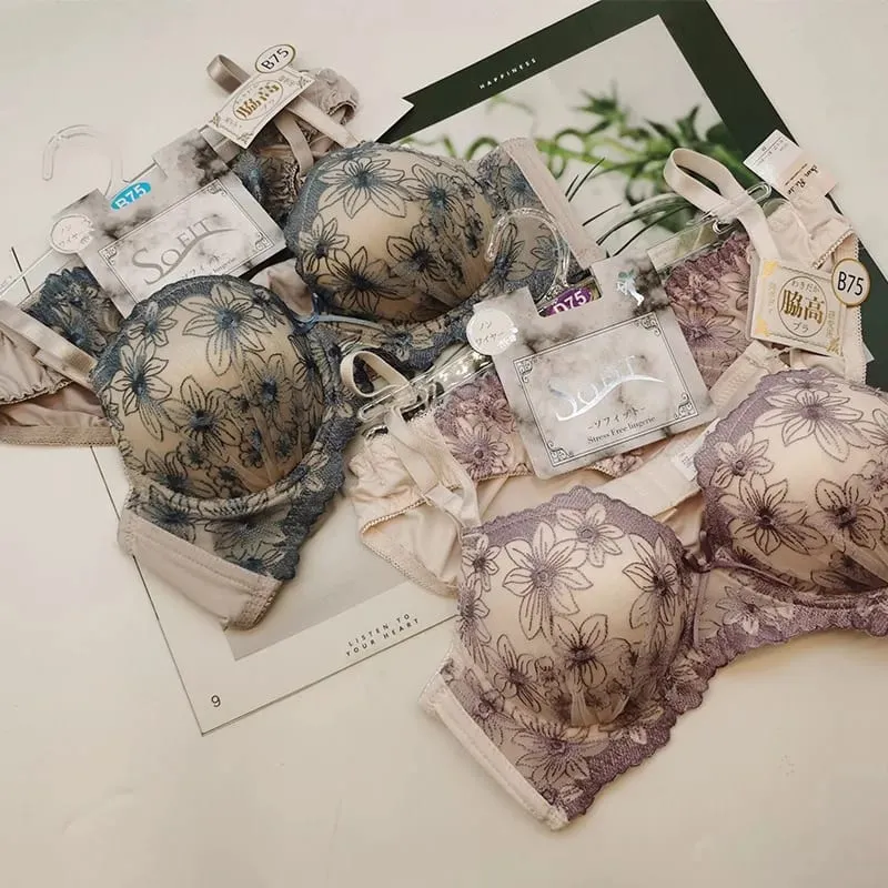 Novo suporte de reunião conjunto de sutiã de renda modelos de luxo bordado lingerie amigável à pele breif terno confortável roupa interior sem fio