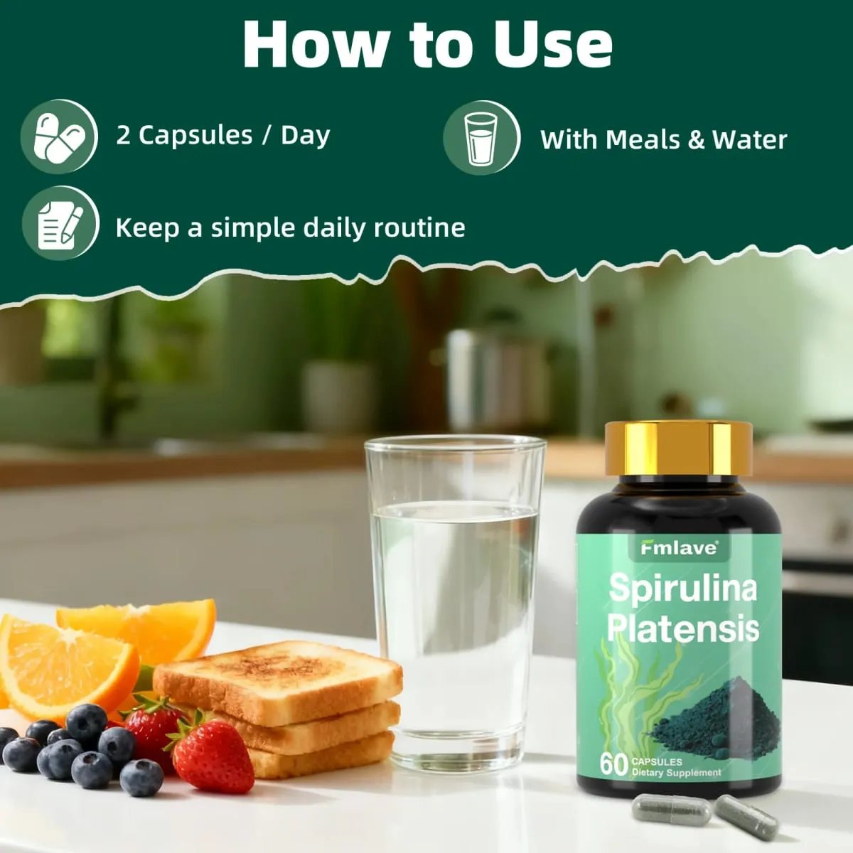 Fmlave Supplements Organic Spirulina - Fehérjében gazdag kék zöldalga szuperétel-kiegészítő energia és immunrendszer támogatására 60 vegetáriánus kapszula — image 4