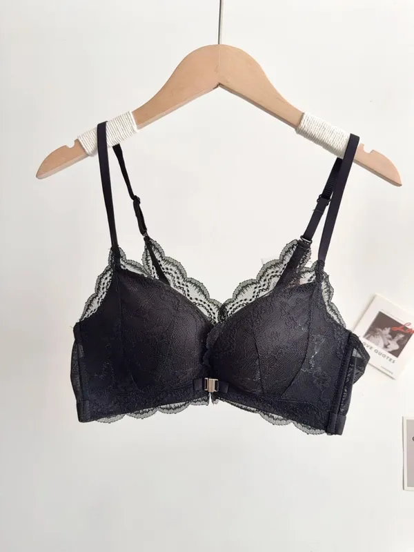 Women Small Bust Lace Bra Set Front Closure Wireless Beautiful Back Push‑Up Brassiere Soft Daily Lingerie Underwear Size 32‑38AB — image 9