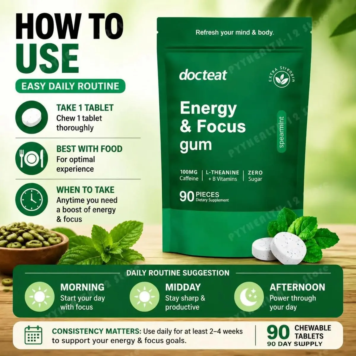 Docteat Energy & Focus Gum rágótabletta cukormentes zöld kávé kivonattal L-teanin B6+B12 vitamin 90 rágótabletta