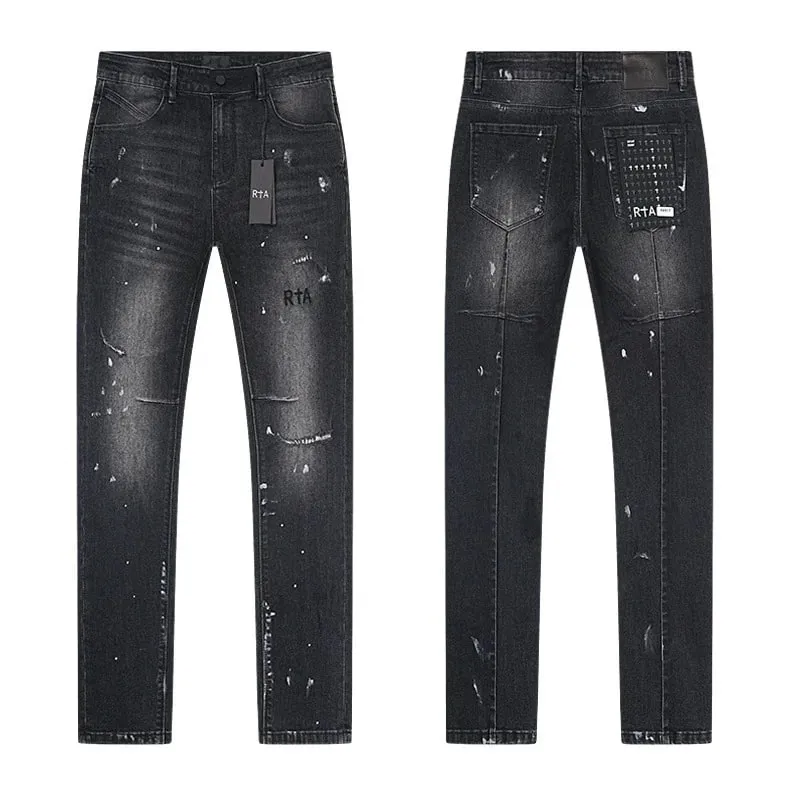Új RTA Destroyed Scratch Hole Világoskék Distressed Farmer Férfi High Street Elasztikus Slim Fit Farmer 2026 márka nadrág utcai viselet — image 15