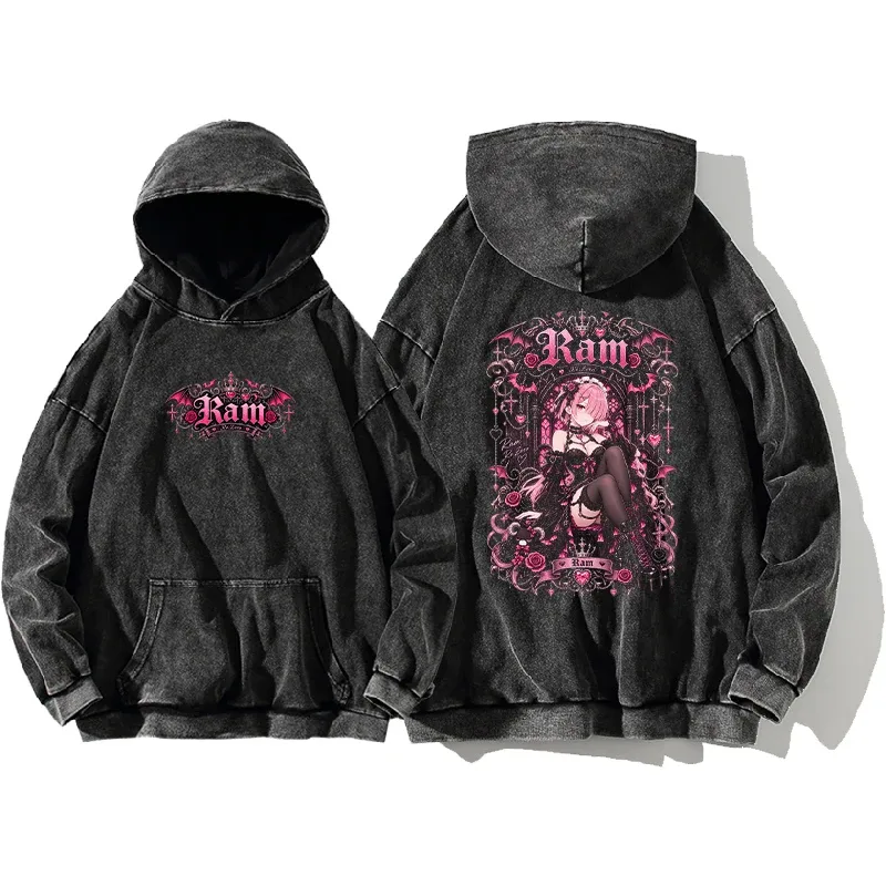 Anime Re:Zero Ram gothique sweats à capuche Vintage lavé Streetwear hommes femmes vêtements automne manches longues surdimensionné 100% coton haut à capuche