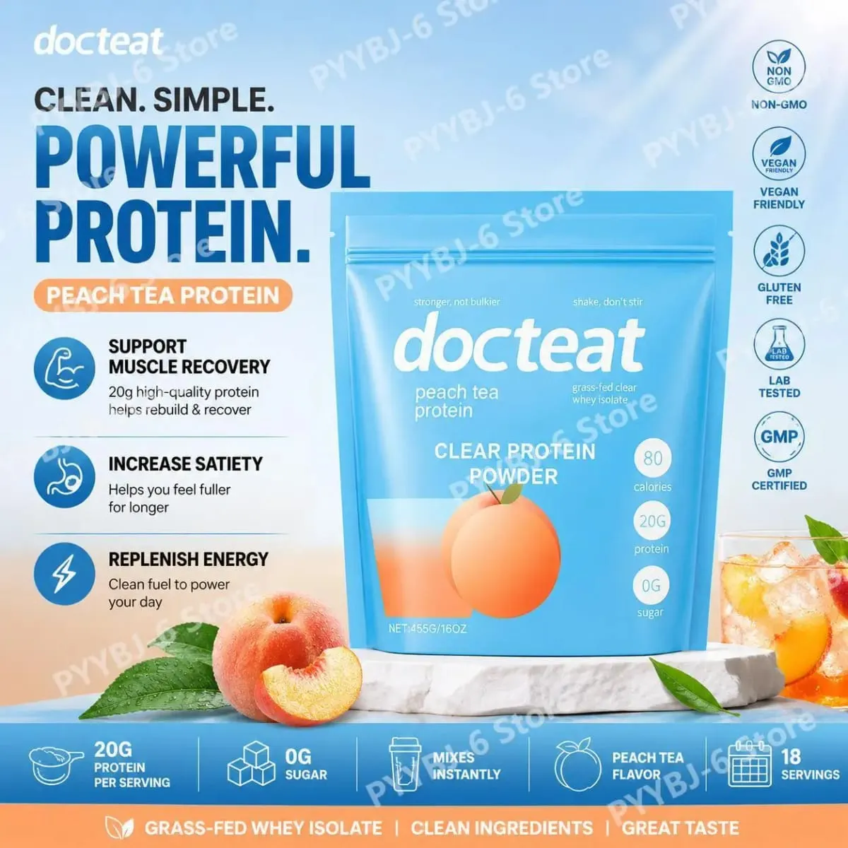 Docteat Peach Tea אבקת חלבון שקופה 455 גרם מי גבינה איזולט וסטביה 20 גרם חלבון דל שומן 0 גרם סוכר תמיכה להתאוששות אימון כושר