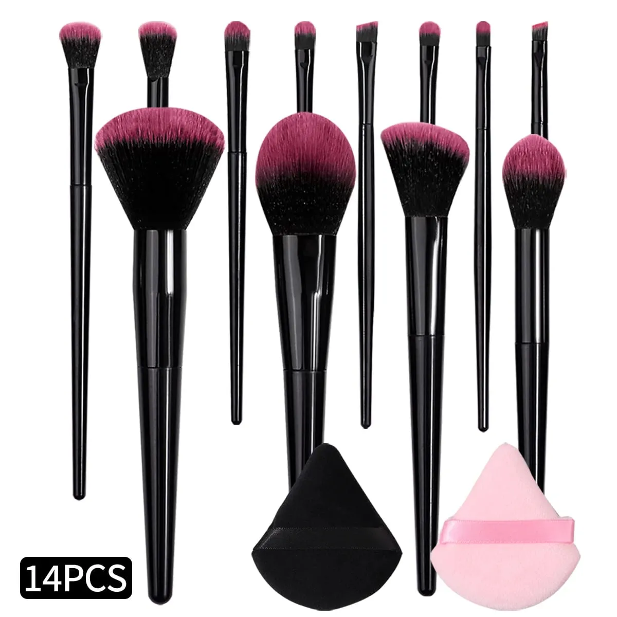Hot Sale 14Pcs Complete Brushes Makeup Kit Απαλά, φιλικά προς το δέρμα, χνουδωτά καλλυντικά πινέλα με μαύρα & ροζ τρίγωνα τζούρες μακιγιάζ — image 4