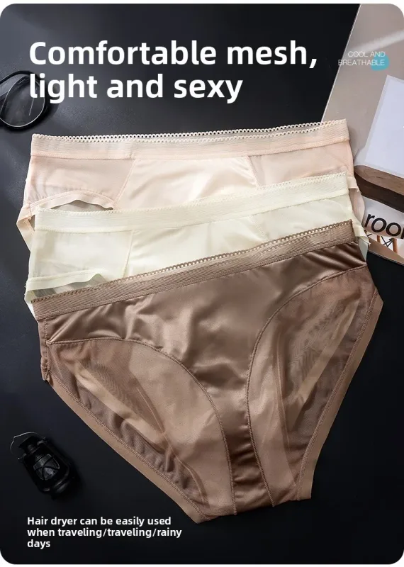 Male Glossy Silk Satin Briefs High Rise Lace Trim Ice Silk Underwear Soft Breathable U Pouch Men Panties — image 8
