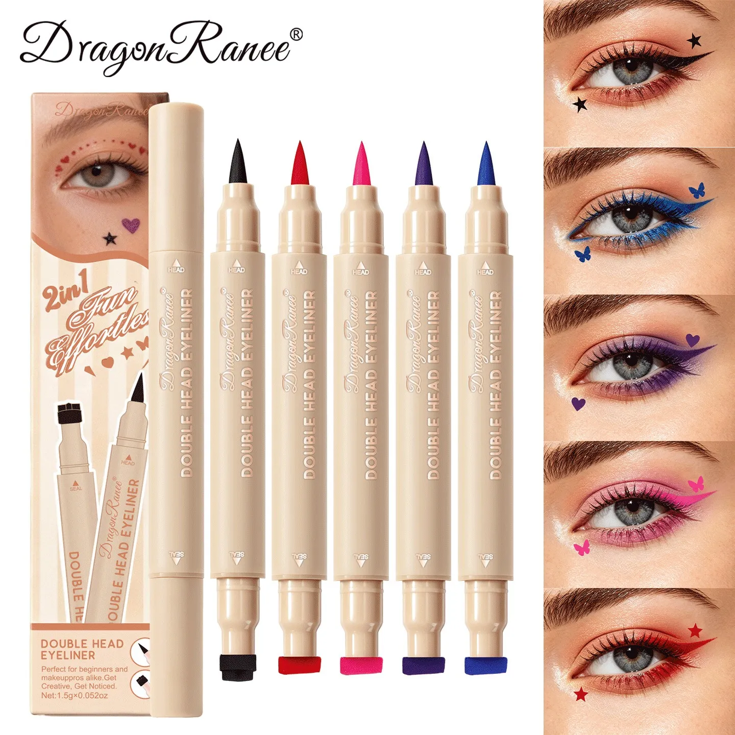 Colorful Liquid Stamp Eyeliner Red Star Heart Butterfly 2 in 1 Eye Liner Pencil Purple Pink Waterproof Eye Template Makeup Tool — image 4