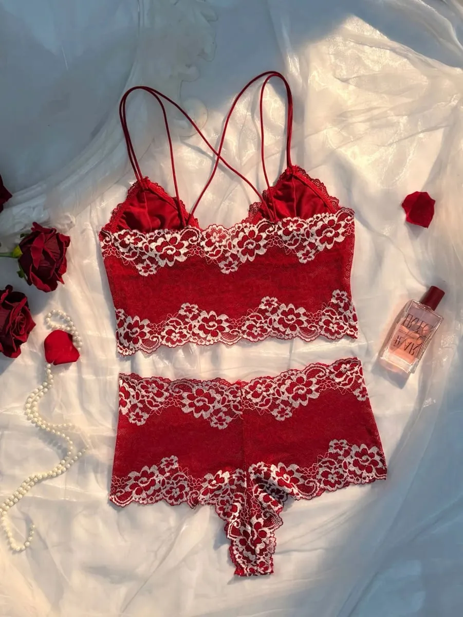 Exquisite Contrasting Floral Lace Close Fitting Mesh See Through Cross Beautiful Back Suspender Sexy Lingerie 2-piece Set 2026 — image 5