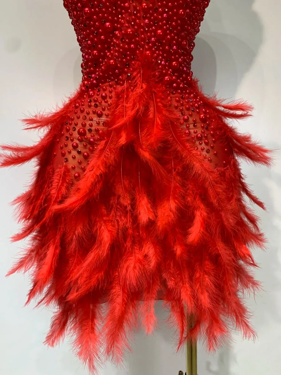 Luxury Rhinestones Pearls Halter Backless Short Feathers Dress Women Sexy Celebrate Birthday Dress Performance Dance Costume — image 6
