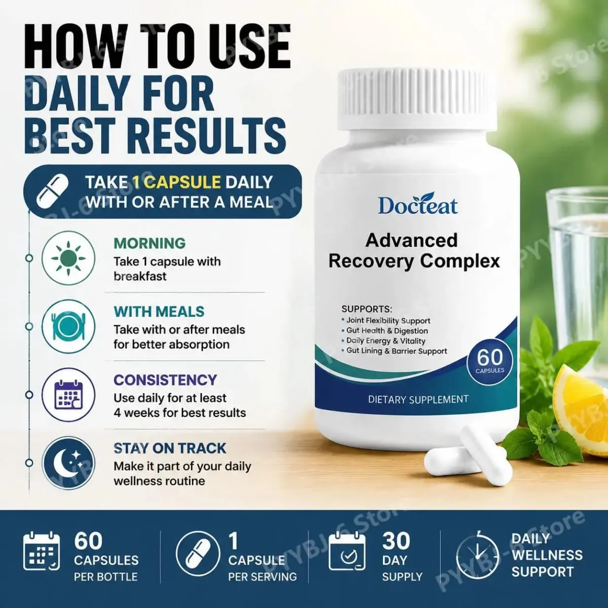 Advanced Recovery Complex 60 Capsules with L Glutamine Glycine Lysine Digestive Enzymes for Gut Health Daily Wellness Support — image 5