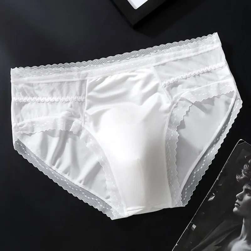 Men's Sexy Lace Thin Seamless Ice Silk Briefs Underwear 3D Bulge Pouch Panties U Convex Sexy Underwear Ice Silk Lace Thin