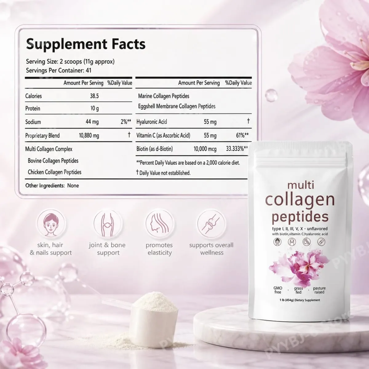 Multi Collagen Peptides Powder 454g Unflavored Collagen Blend with Vitamin C Biotin Hyaluronic Acid Skin Hair Nails Support — image 6