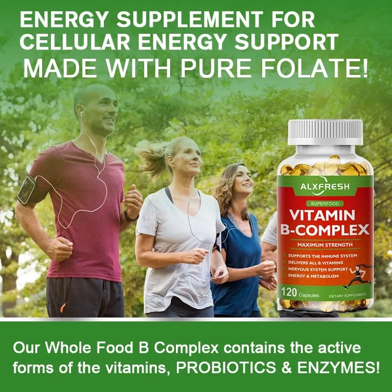 Alxfresh B-Complex vitamin-kiegészítők (B12 B1 B2 B3 B5 B6 B9 folsav és biotin) Immun- és energiatámogatás