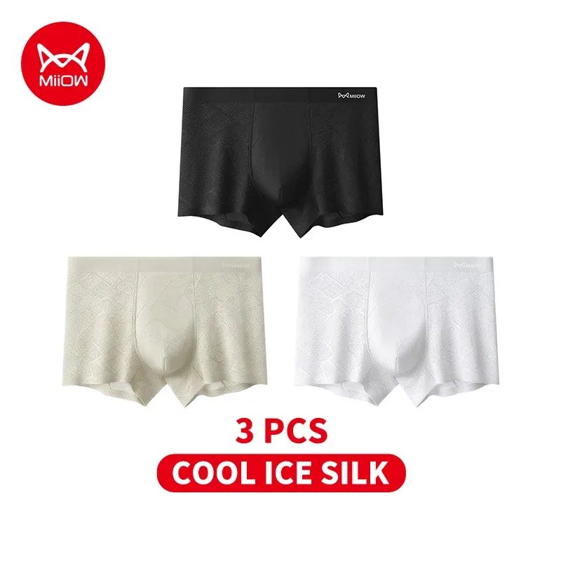 MiiOW 3Pcs Hollow-out Ice Silk Men Underwear Boxers Silky Breathable Man Underpants 10A Antibacterial Crotch Men's Boxer Panties