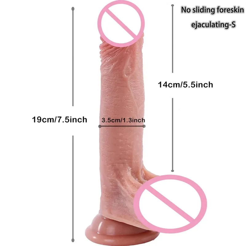 2 In1 Super Realistic Dildo Penis Sliding Foreskin Ejaculation Big Dick Penetration Anal Female Masturbation Sexy Adult Sex Toys