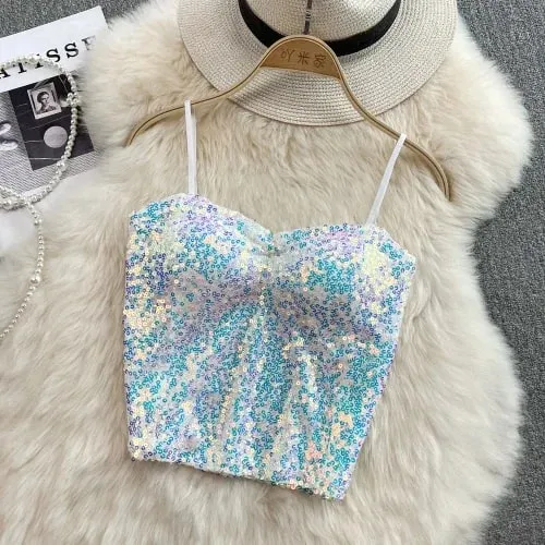 Σέξι Sequin Party σπαγγέτι Croset Bustier εξώπλατα Slim Tanks και Camis Strap Glitter Crop Top Fashion Καλοκαιρινά Γυναικεία Ρούχα Y2k — image 11