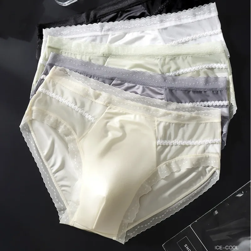 Men's Sexy Lace Thin Seamless Ice Silk Briefs Underwear 3D Bulge Pouch Panties U Convex Sexy Underwear Ice Silk Lace Thin — image 9