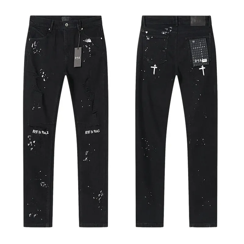 Új RTA Destroyed Scratch Hole Világoskék Distressed Farmer Férfi High Street Elasztikus Slim Fit Farmer 2026 márka nadrág utcai viselet — image 12
