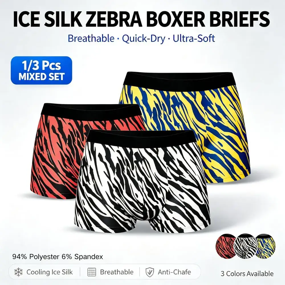 1/3Pcs Set Men's Zebra Print Ice Silk Boxer Briefs Quick Dry Breathable 3D Pouch Anti-Chafe Underwear for Gym Office Daily Wear — image 4