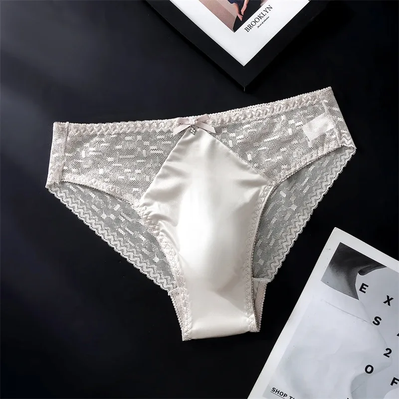 Sexy men's underwear Mesh lace cueca satin splicing sissy cuecas masculino naked feel calzoncillos hombre adults 18 plus size
