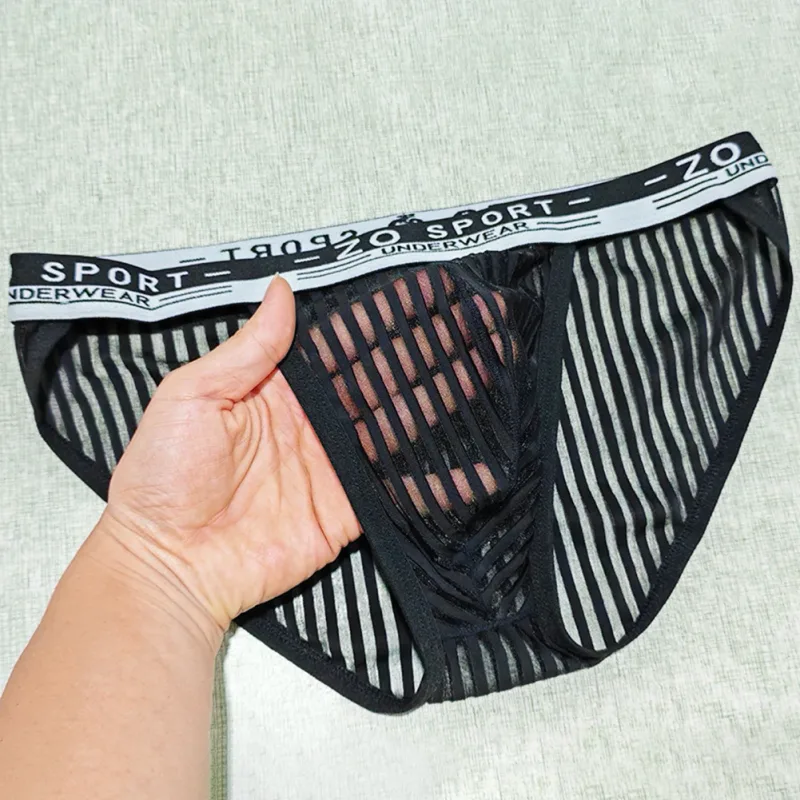 Striped Men's High Slit Sexy Pouch Underwear Ice Silk See Through Comfortable Male Triangle Briefs Man Underclothes — image 6