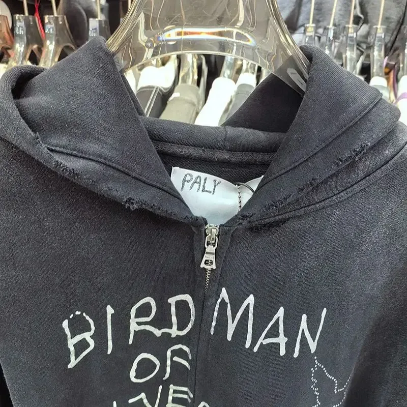 Nuevas sudaderas con capucha PALY de gran tamaño para hombre y mujer, cárdigan Vintage informal lavado negro dañado de la mejor calidad, sudaderas con cremallera — image 40