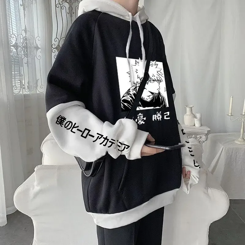 Harajuku Anime My Hero Academia Casual Fleece Hoodies Manga Bakugou Katsuki Women Oversized Patchwork Long Sleeves Sweatshirt — image 5