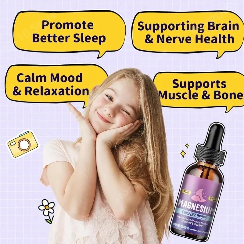 Kids Magnesium Glycinate Liquid Drops with L-theanine Omega-3 Vitamin B6 D3 for Sleep Relaxation 2 Fl Oz Strawberry Flavor — image 6