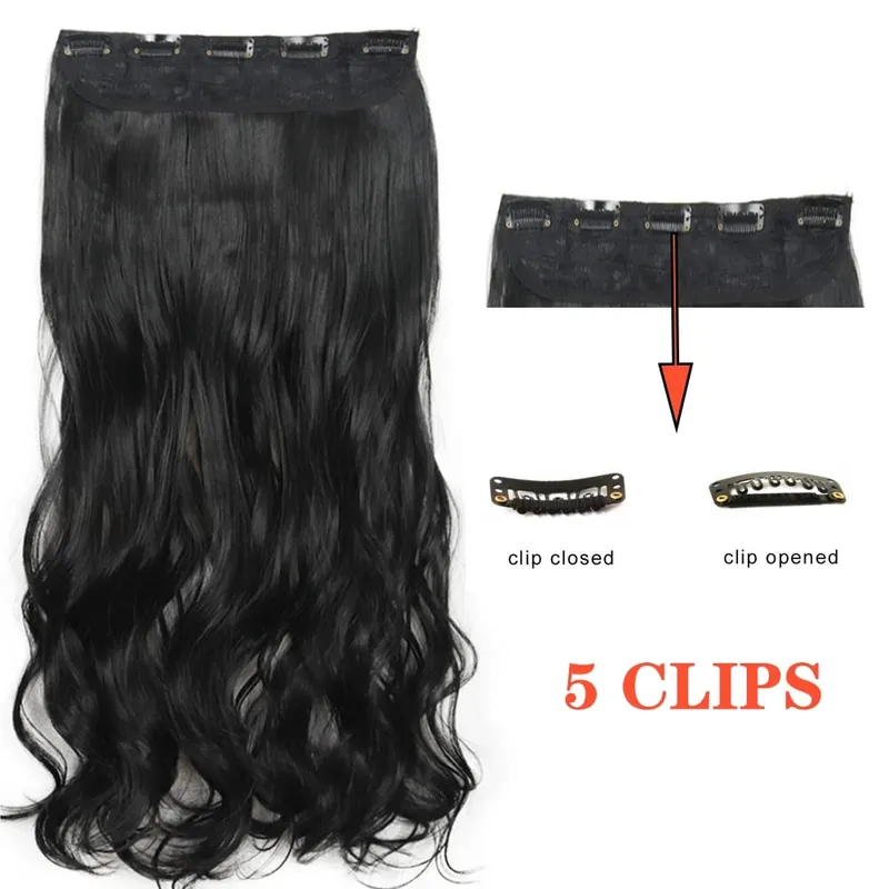 Synthetic Long Wave 5 Clips Hair Extensions Clips in High Temperature Fiber Black Brown Hairpiece — image 11