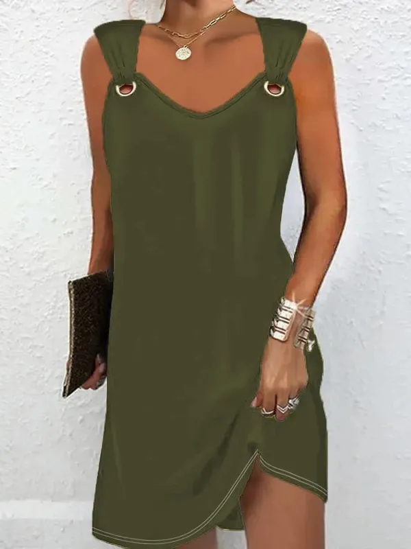 Női nyári alkalmi ruhák 2025 Elegáns, egyszerű stílus, egyszínű fémgombos V-nyakú, ujjatlan női ruha szexi Midi Vestidos — image 10