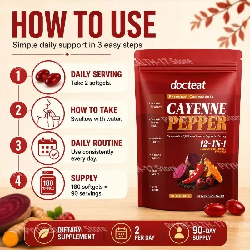 Cayenne Pepper Softgels with 12-in-1 Enhanced Botanical Formula for Antioxidant and Vascular Health Support 180 Softgels — image 5
