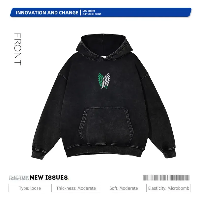 Anime Levi Hoodies Vintage Washed A-Attack on Titan Hoodie Casual Manga Yeager Eren Kapuzenpullover Titan Attack Pullover — image 3