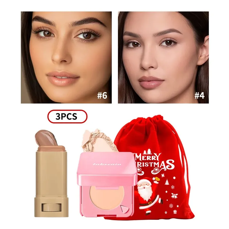 3Pcs Foundation Stick Face Pressed Powder Compact with Christmas Drawstring Bag Long Lasting Matte Face Cosmetic Christmas Gift — image 13