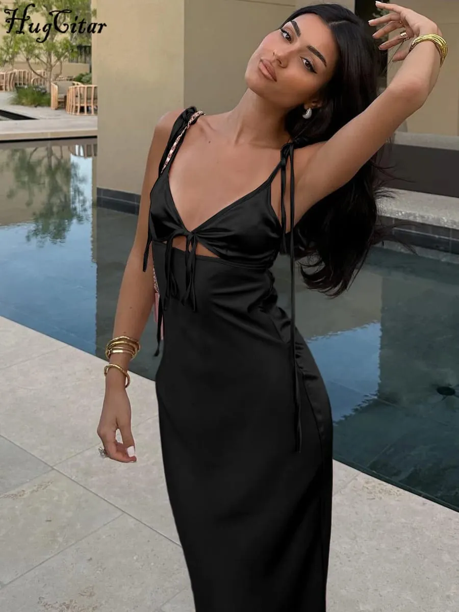 Hugcitar V Neck Solid Slips Backless Hollow Out Lace Up Sexy Bodycon Maxi φόρεμα χορού Καλοκαιρινό Γυναικεία Κομψά ρούχα Πάρτι γενεθλίων — image 5