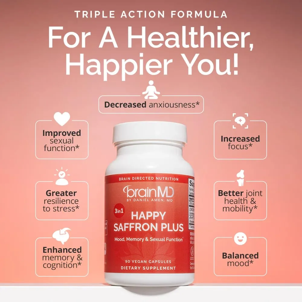 Happy Saffron Plus Supplements - Saffron Flower Extract Supplement for Eye Health Support - Mood Enhancer for Men & Women