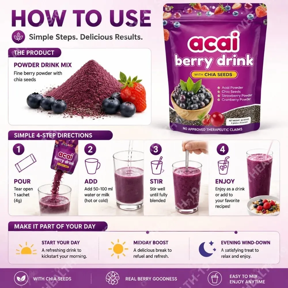Acai Berry Drink Powder with Chia Seeds Strawberry Cranberry For Antioxidant Daily Wellness & Immune System Support Adult 40g — image 5