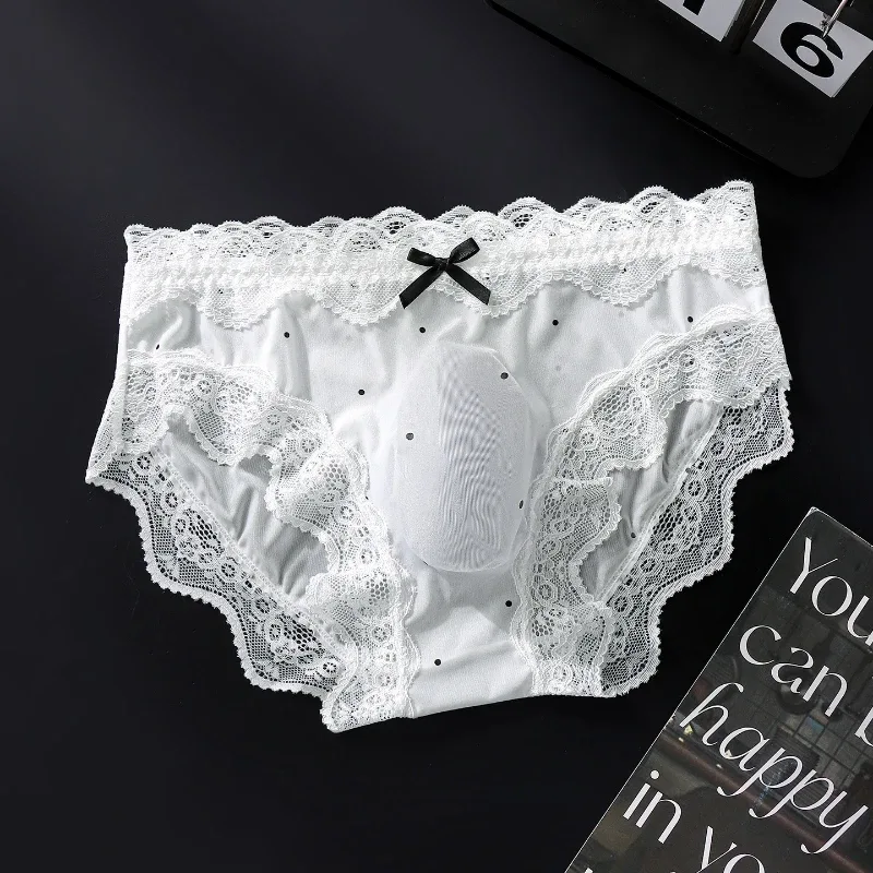 Men's Sexy Briefs Lace Edge Polka Dot Underwear Ice Silk Sissy Panties U Convex Pouch Underpants Seamless See Through Lingerie — image 4