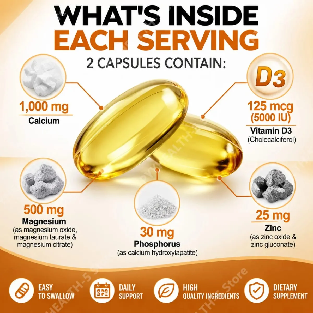 Ασβέστιο Magnesium Zinc Softgels Υποστήριξη οστών και δοντιών Συμπλήρωμα βιταμίνης D3 που υποστηρίζει την υγεία των μυών και την ανοσολογική λειτουργία 120 κάψουλες