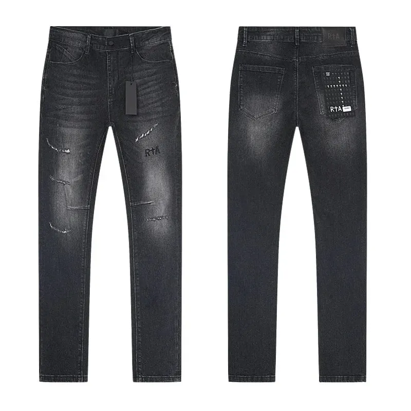 Új RTA Destroyed Scratch Hole Világoskék Distressed Farmer Férfi High Street Elasztikus Slim Fit Farmer 2026 márka nadrág utcai viselet — image 10