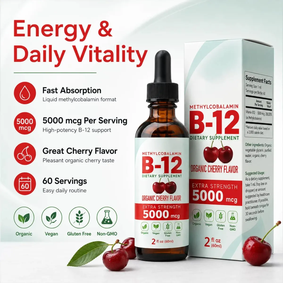 Vitamin B12 Drops 5000mcg Υγρό Υπογλώσσιο Συμπλήρωμα Μεθυλοκοβαλαμίνης Γεύση Κεράσι Vegan Χωρίς Ζάχαρη Καθημερινή Διατροφή 60ml — image 7