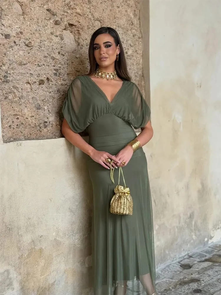 Γυναικείο μακρύ φόρεμα με βαθύ δικτυωτό λαιμόκοψης V Κομψό, κοντό μανίκι με ρουφηξιά, ψηλή μέση 2026, καλοκαιρινή γυναικεία ρόμπα του δρόμου — image 5