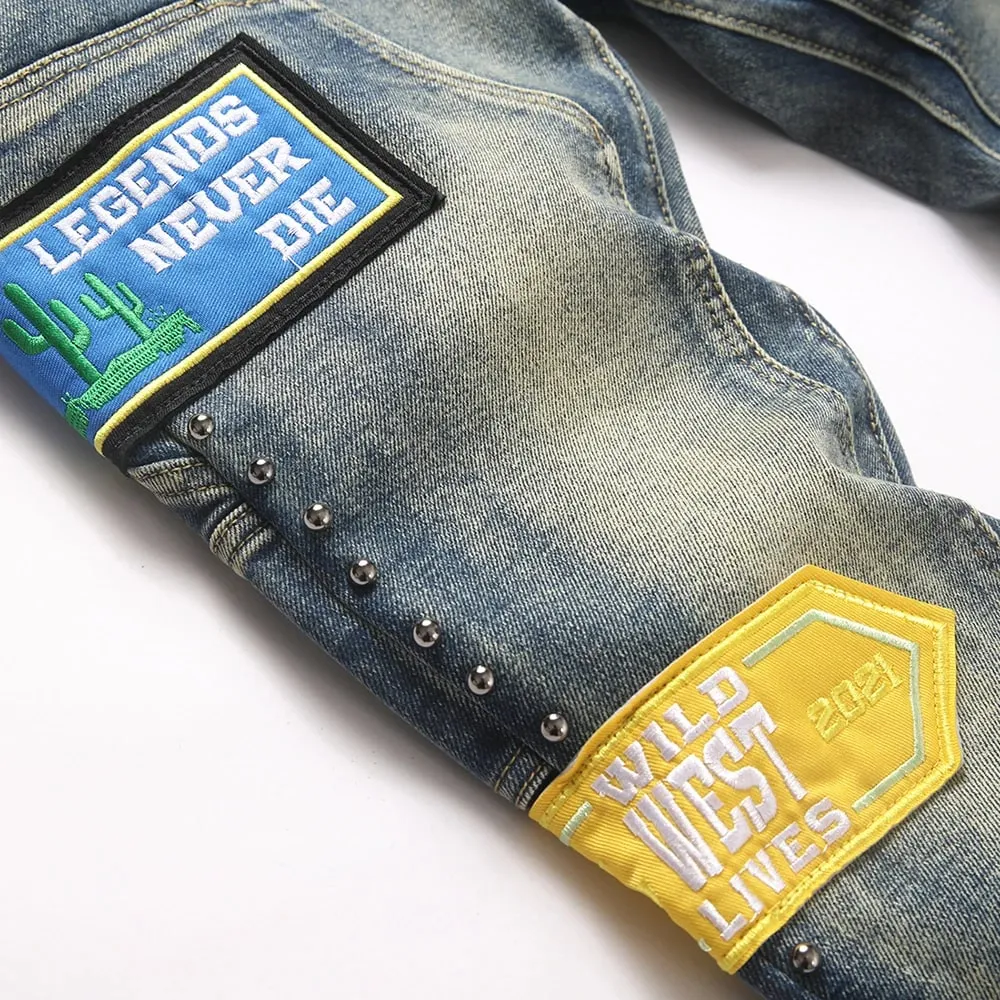Ανδρικό Badge Patch Boot Cut Jeans Rivet Vintage Ρετρό Μπλε Stretch Τζιν Παντελόνι Streetwear Slim Flared Παντελόνι — image 4