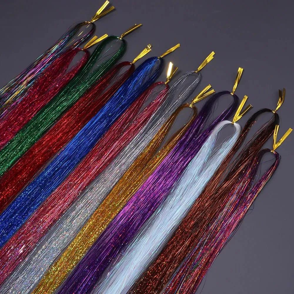 3 τεμ./συσκευασία 120cm Πολύχρωμα PET LLaser Hair Tinsel Strands Μεταλλικά Extensions Μαλλιών για DIY Party Cosplay Αξεσουάρ Μαλλιών — image 5