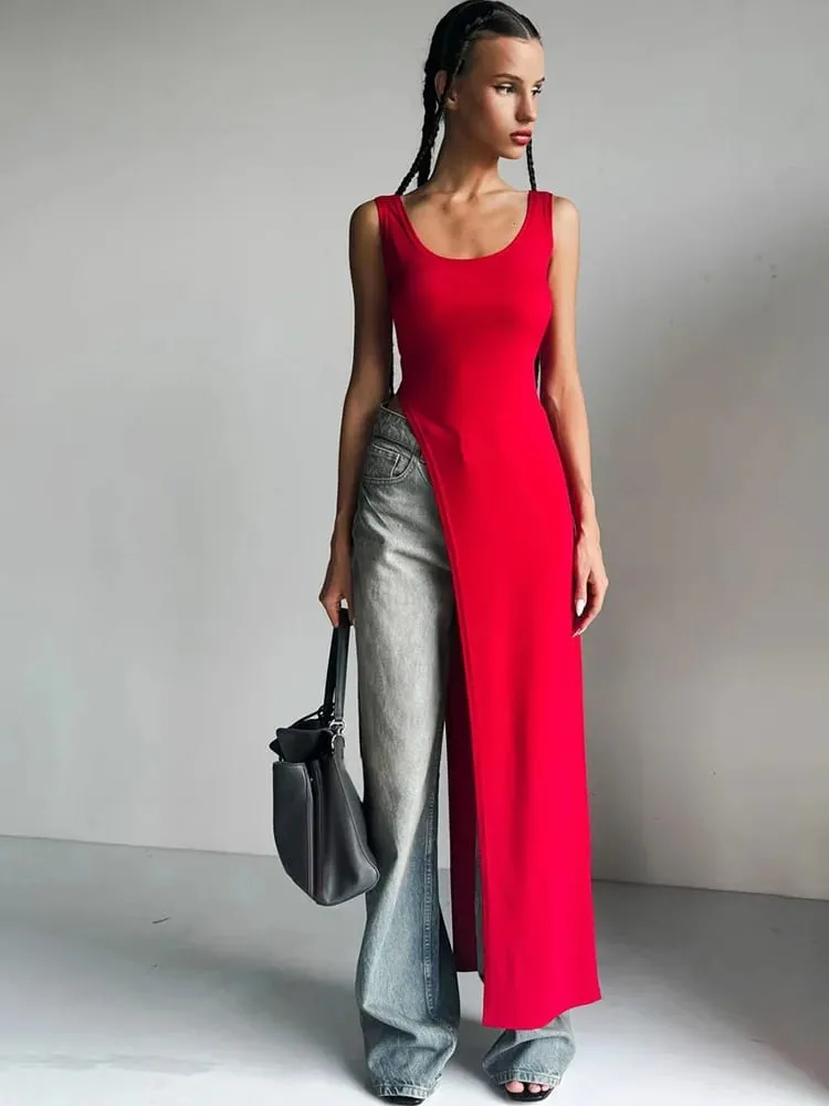 Καλοκαιρινή προσωπικότητα trend slim fit μονόχρωμο street niche ακανόνιστο ασύμμετρο στρίφωμα αμάνικο καμισό φόρεμα — image 5