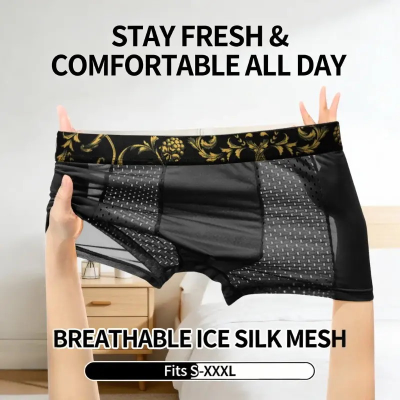 Men's Ice Silk BoxerBriefs Gold Floral Waistband Breathable Underwear Quick-Dry Skin-Friendly Sports Trunks Plus Size for Summer — image 4