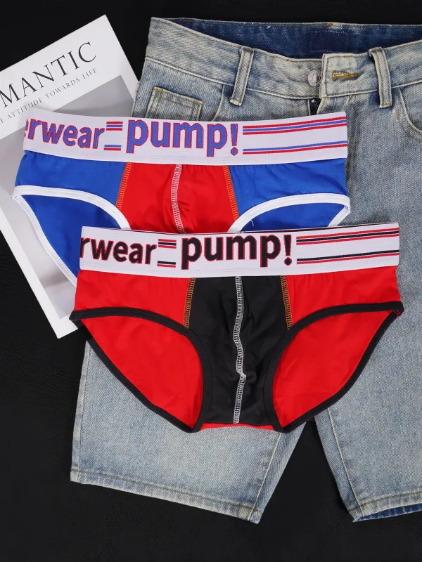 Men's Cotton Color Block Briefs, Pump! Logo Wide Waistband Low Rise Sexy 3D Convex Pouch Underwear