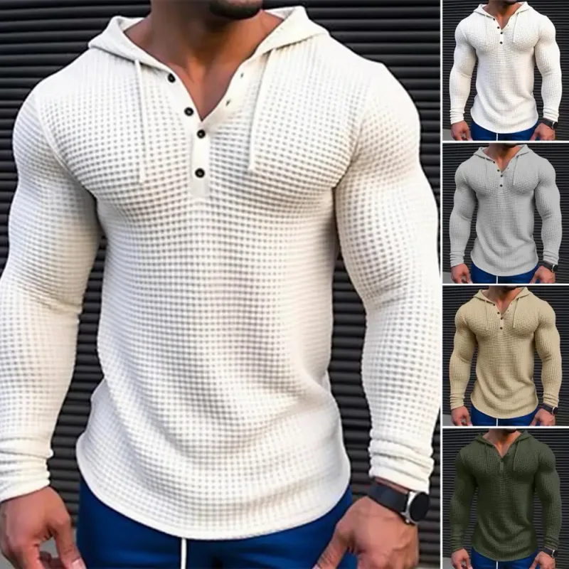 Camiseta de manga larga ajustada de Color sólido para primavera, Top deportivo transpirable con capucha para hombre, camisa informal de manga larga de algodón Waffle