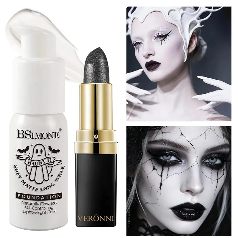 2 τμχ Σετ Black Diamond Glitter Lipstick & White Foundation Halloween Cos Stage Creative Makeup Kit For Face & Lip