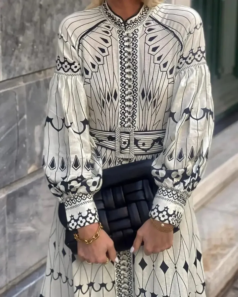 Retro Elegant Stand Collar Long Dress Women Spring Pattern Print Belted Buckle Party Autumn Sleeve A-Line Boho